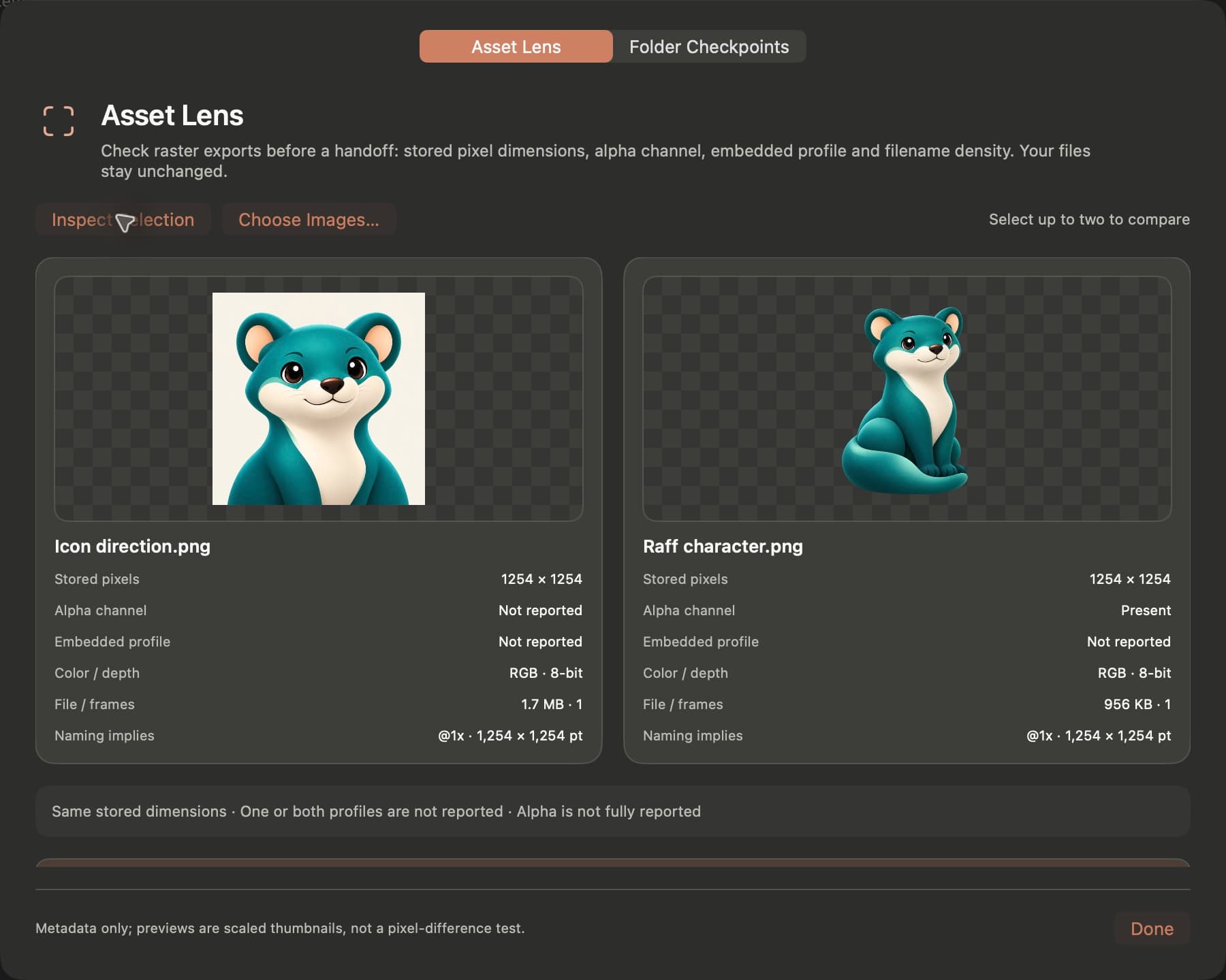 Raff Asset Lens showing a real side-by-side raster export comparison