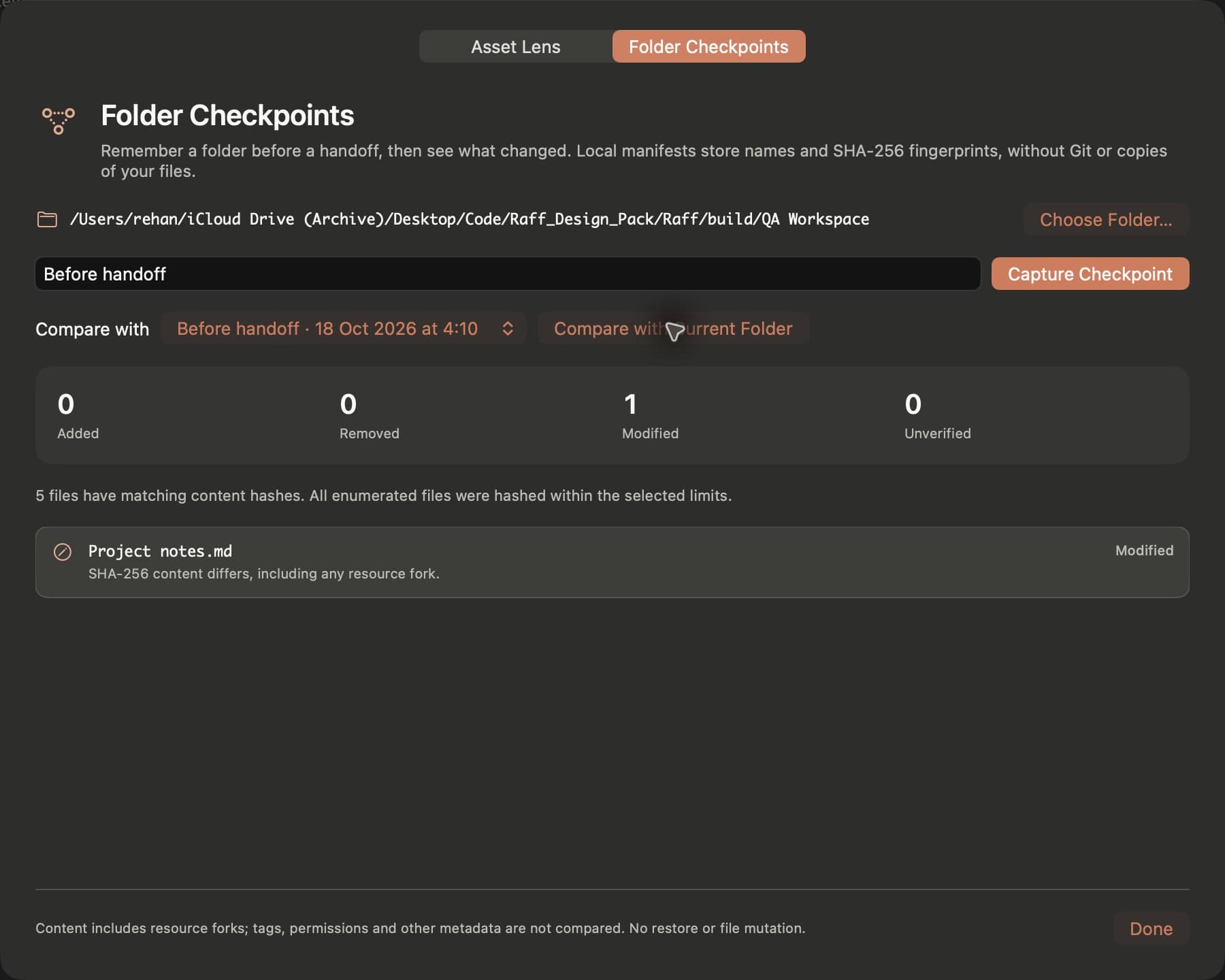 Raff Folder Checkpoints with recorded fingerprints and a content-change comparison