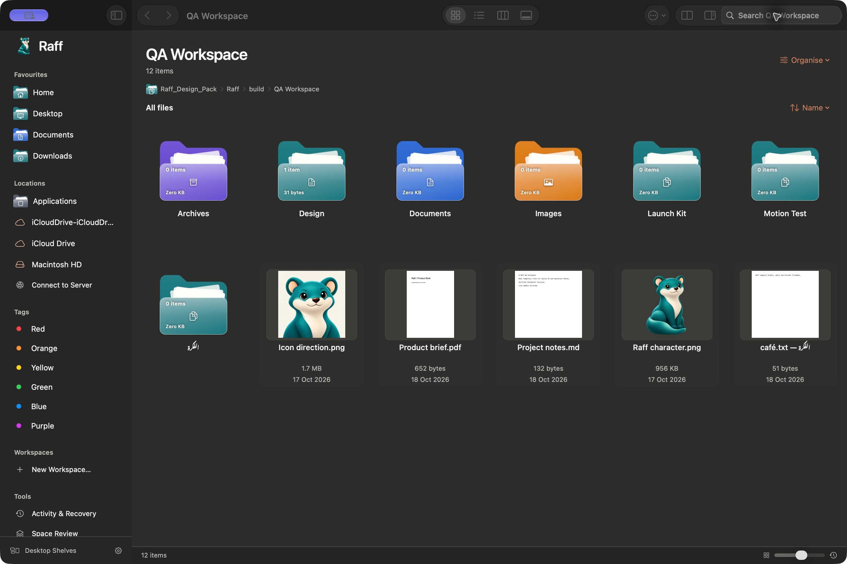 Actual Raff native app in dark appearance, with colourful folders, previews and a familiar Mac sidebar